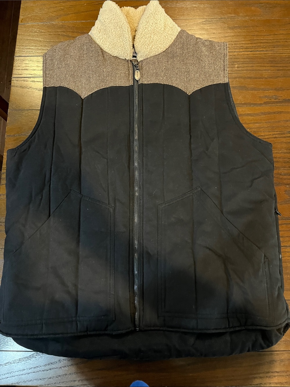 Publish Black Quilted Vest with Brown Yoke and Cream Sherpa Collar